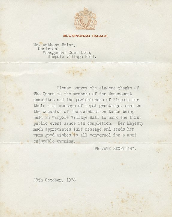 Wimpole Village Hall, Letter from Buckingham Palace 1978