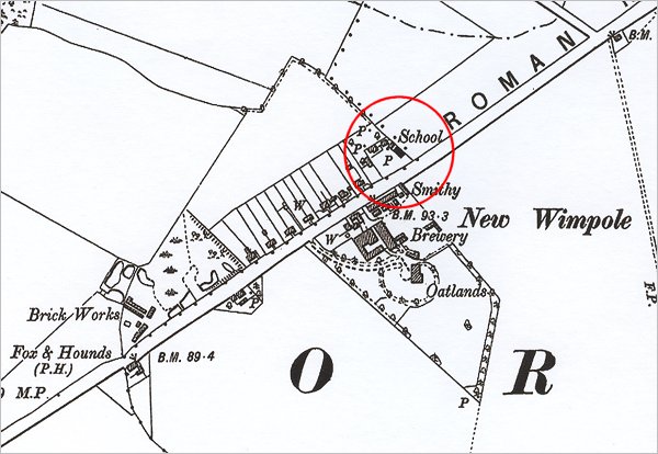 1903 (2nd Edition) Ordnance Survey Map, showing the location of the School at Wimpole
