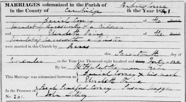Marriage between Daniel Corney and Elizabeth Paine, 17 November 1841