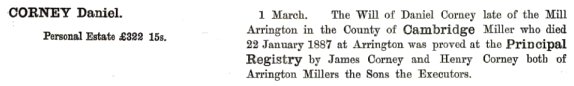 Probate Record for Daniel Corney, died 22 January 1887
