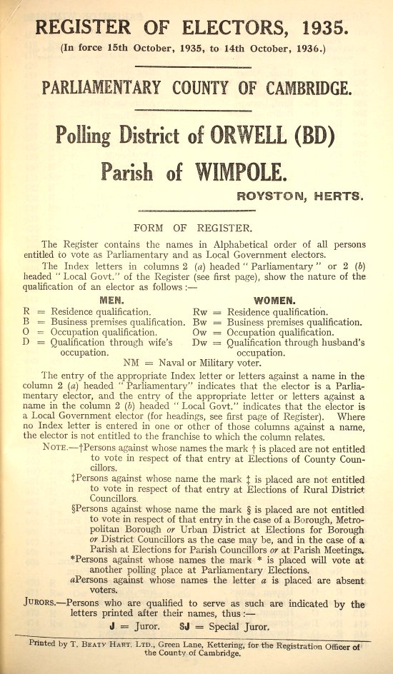 The 1935 Electoral Register for the Parish of Wimpole