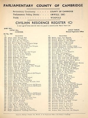 The 1945 Electoral Register for the Parish of Wimpole