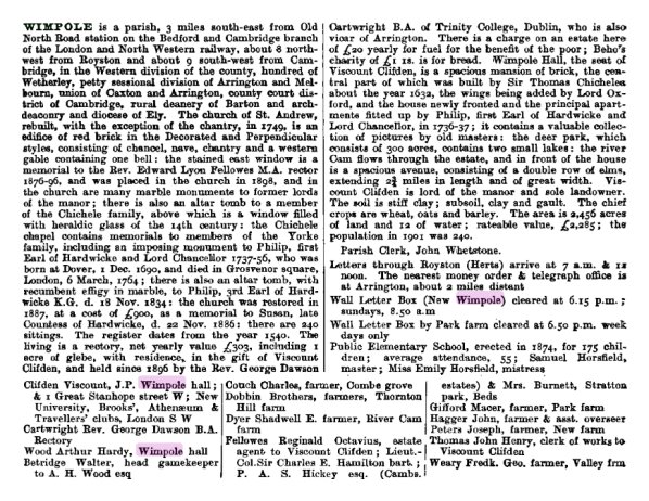 Entry for Wimpole, Kelly's 1904 Directory