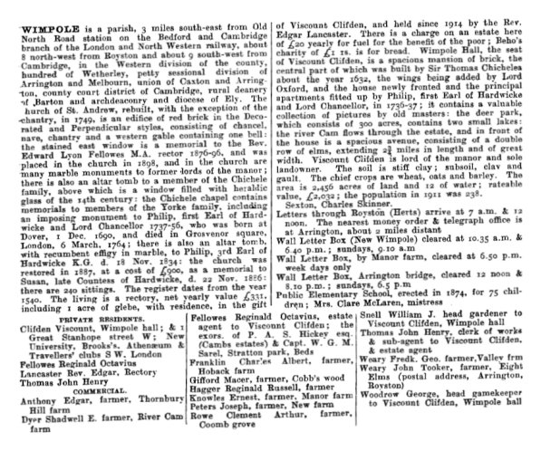 Entry for Wimpole, Kelly's 1916 Directory